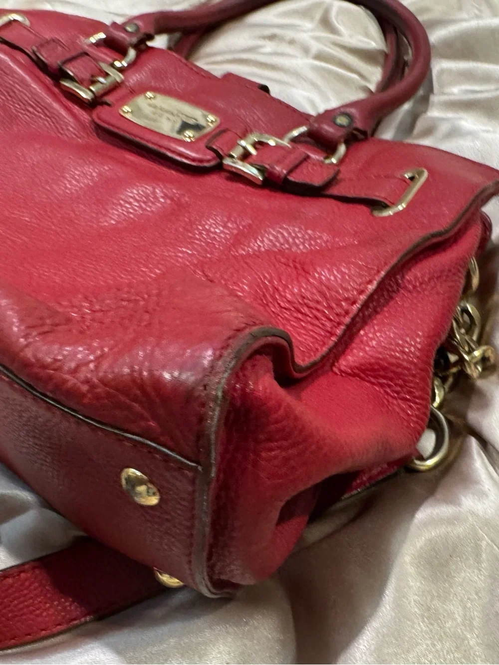 Michael Kors Hamilton Red Pebbled Leather Tote Satchel with Gold Plate